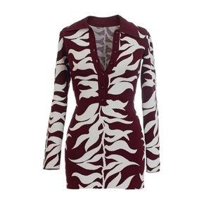 Plum and white print mini dress. Collared, buttoned, knitted.